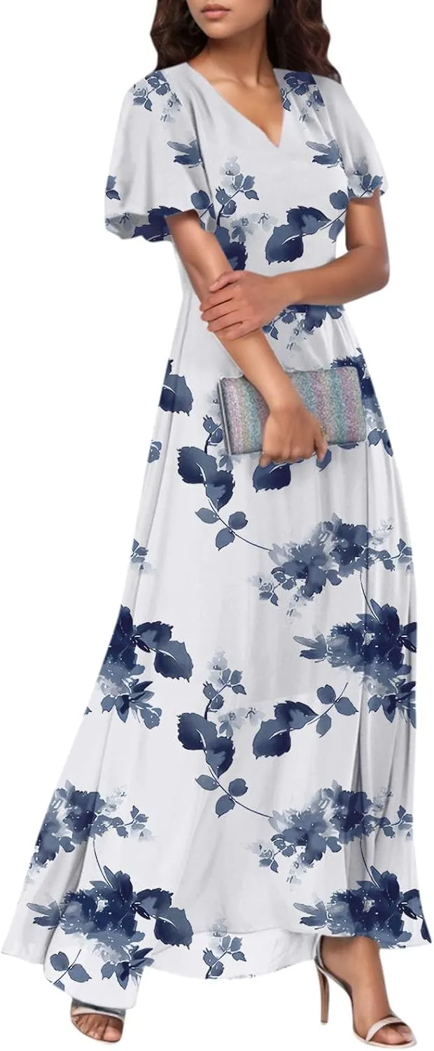 Women Summer Dresses High Waist Maxi Dress Chiffon Ruffle Sleeve Bohemian Dresses Vneck Tea Party Dress