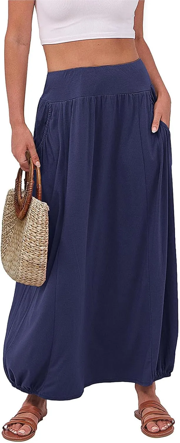Women Summer Skirts with Pockets High Waist Casual Skirts Long Vacation Skirts Beach Boho Skirt Maxi Bubble Skirts
