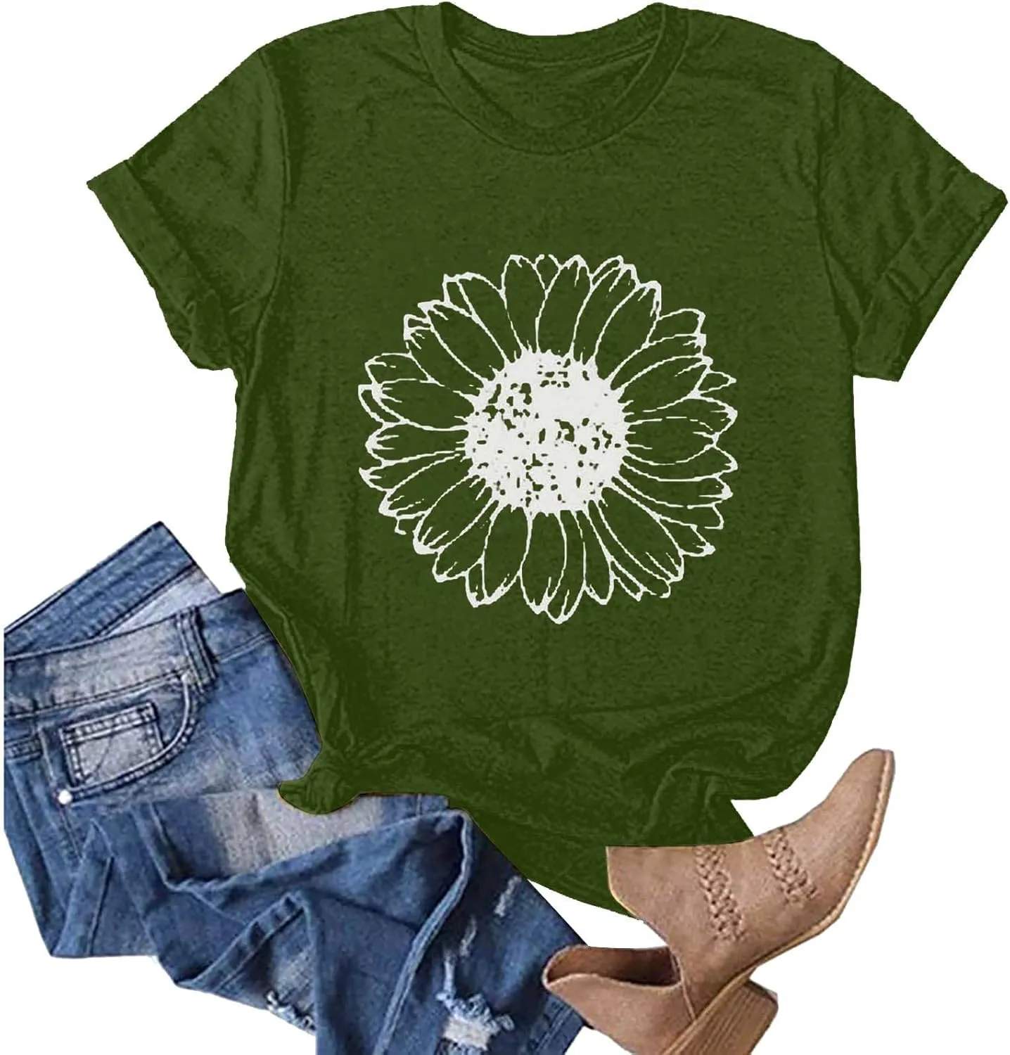 Women T-Shirt Casual Cute Tops Graphic Tee Crew Neck Short Sleeve Sunflower Heart Print Loose Summer Tops Tshirts