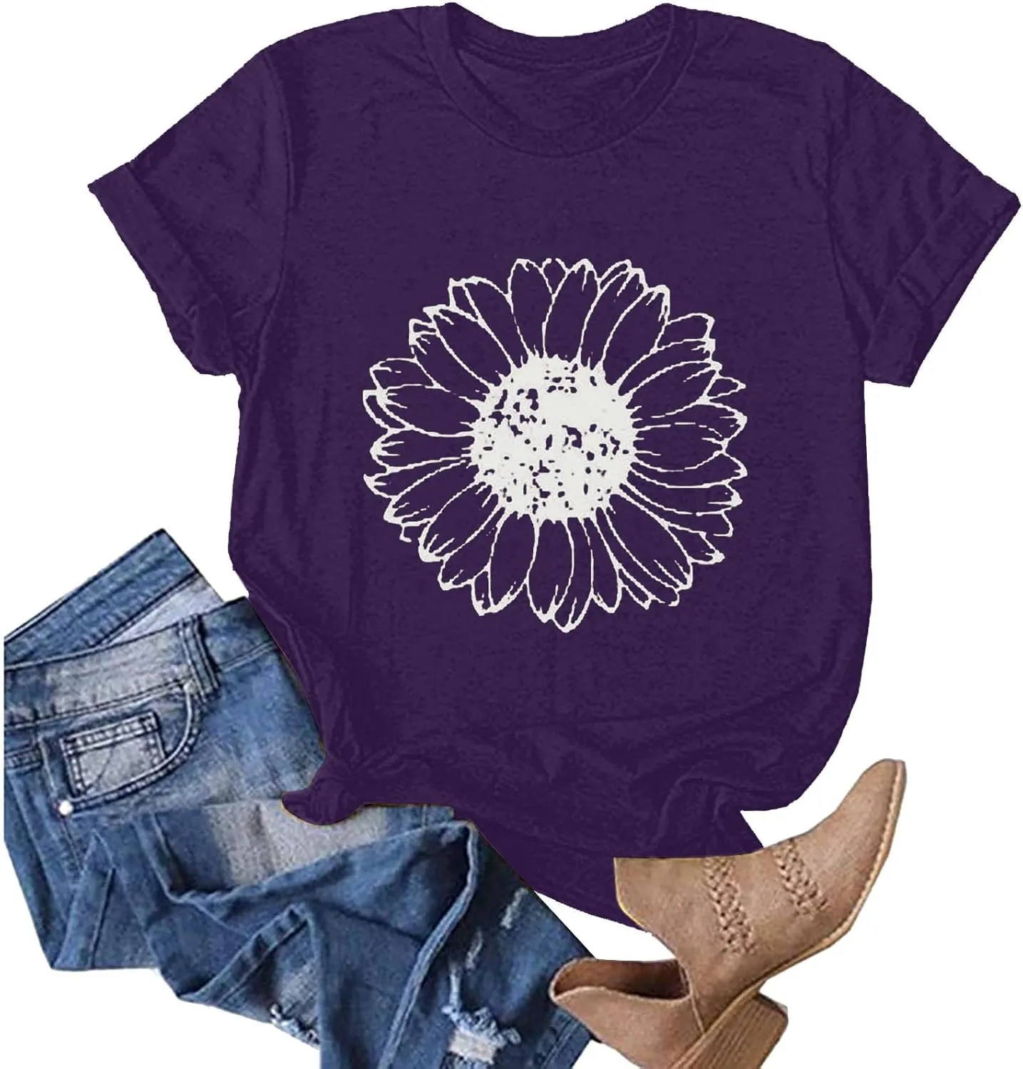 Women T-Shirt Casual Cute Tops Graphic Tee Crew Neck Short Sleeve Sunflower Heart Print Loose Summer Tops Tshirts
