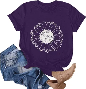 Women T-Shirt Casual Cute Tops Graphic Tee Crew Neck Short Sleeve Sunflower Heart Print Loose Summer Tops Tshirts