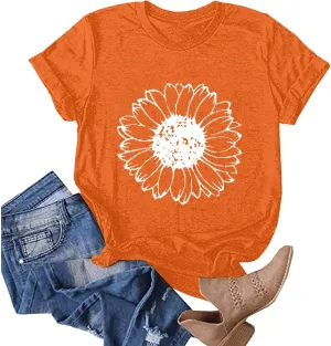 Women T-Shirt Casual Cute Tops Graphic Tee Crew Neck Short Sleeve Sunflower Heart Print Loose Summer Tops Tshirts