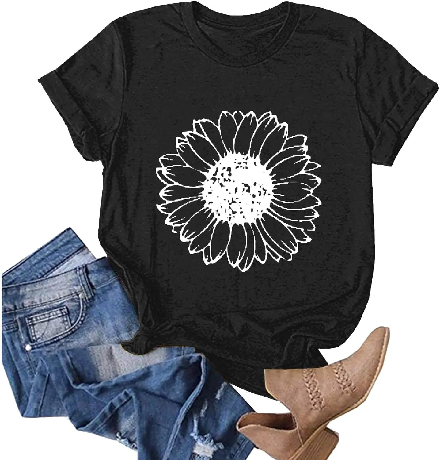 Women T-Shirt Casual Cute Tops Graphic Tee Crew Neck Short Sleeve Sunflower Heart Print Loose Summer Tops Tshirts