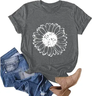 Women T-Shirt Casual Cute Tops Graphic Tee Crew Neck Short Sleeve Sunflower Heart Print Loose Summer Tops Tshirts