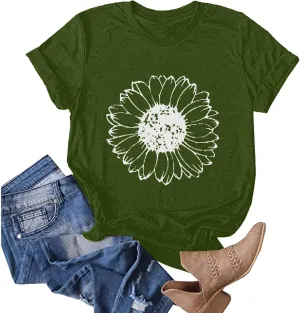 Women T-Shirt Casual Cute Tops Graphic Tee Crew Neck Short Sleeve Sunflower Heart Print Loose Summer Tops Tshirts