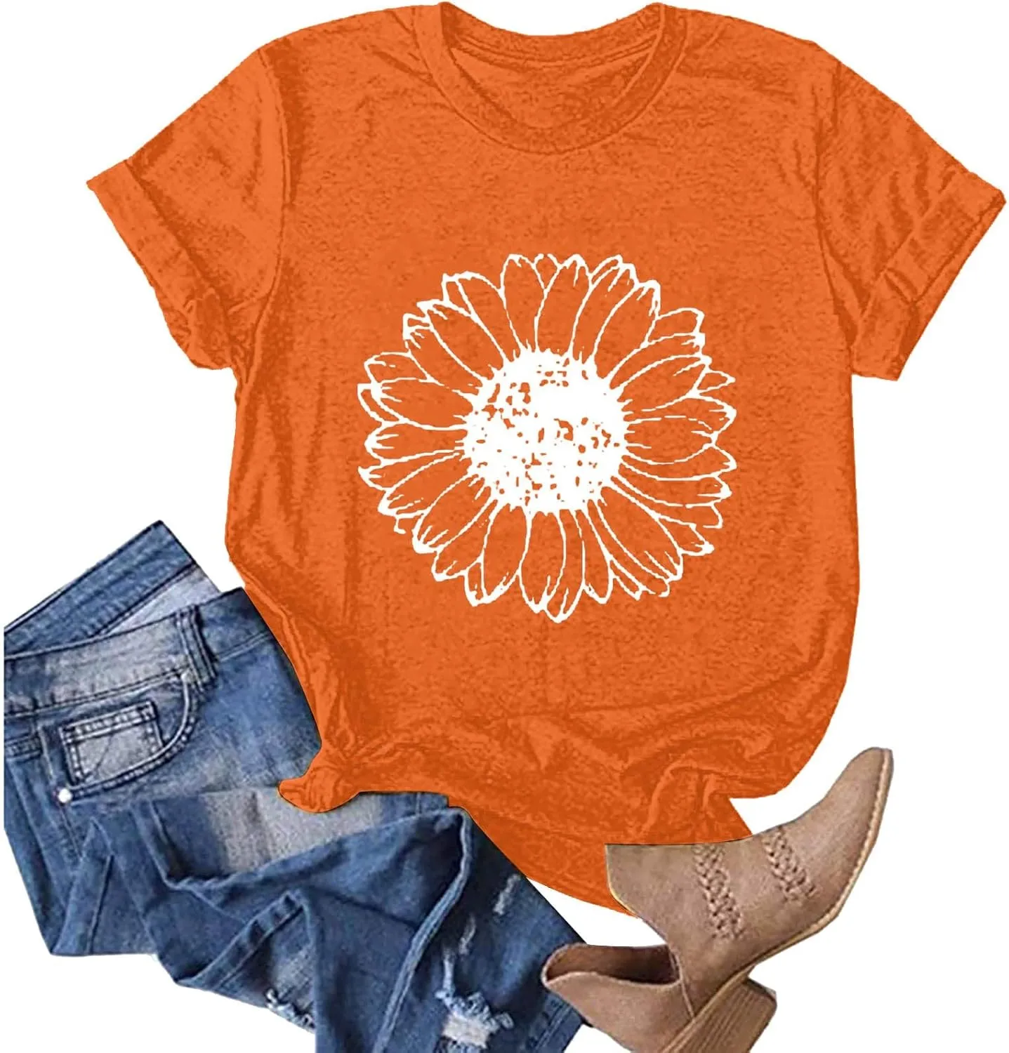 Women T-Shirt Casual Cute Tops Graphic Tee Crew Neck Short Sleeve Sunflower Heart Print Loose Summer Tops Tshirts