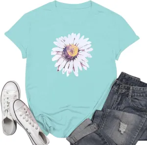 Women T-Shirt Casual Cute Tops Graphic Tee Crew Neck Short Sleeve Sunflower Heart Print Loose Summer Tops Tshirts