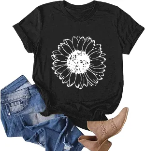 Women T-Shirt Casual Cute Tops Graphic Tee Crew Neck Short Sleeve Sunflower Heart Print Loose Summer Tops Tshirts