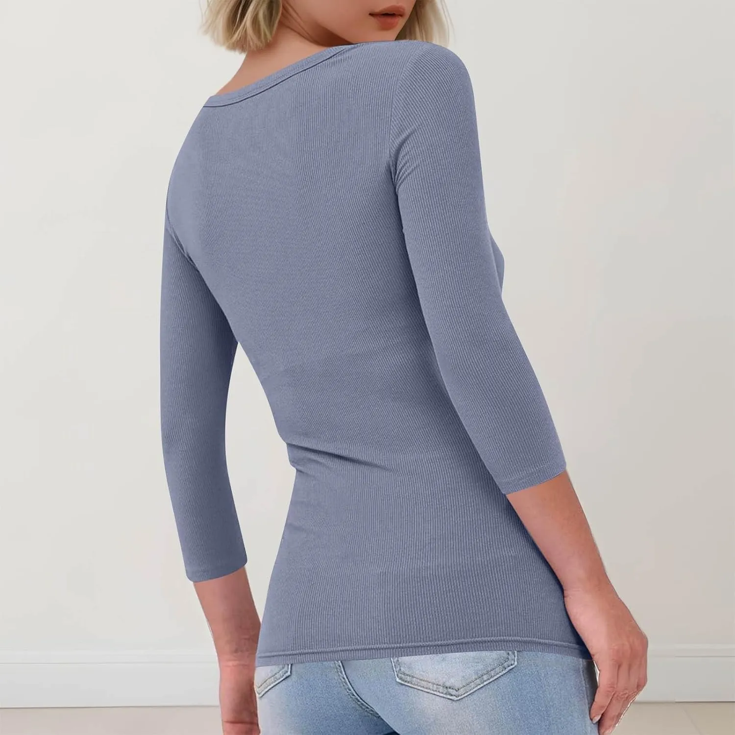 Women Tops 3/4 Sleeve Crewneck Ribbed Knit Work Tops Stretchy Summer Sexy T Shirts Lightweight Y2K Clothes (S-3Xl)