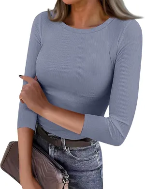 Women Tops 3/4 Sleeve Crewneck Ribbed Knit Work Tops Stretchy Summer Sexy T Shirts Lightweight Y2K Clothes (S-3Xl)