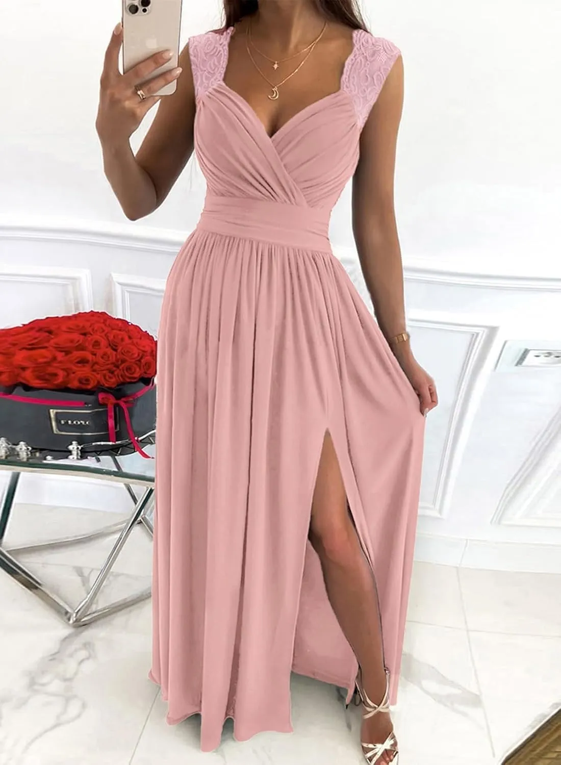 Womens 2025 Formal Dresses Wrap V-Neck Ruched Sexy Bridesmaid Wedding Guest Maxi Dresses