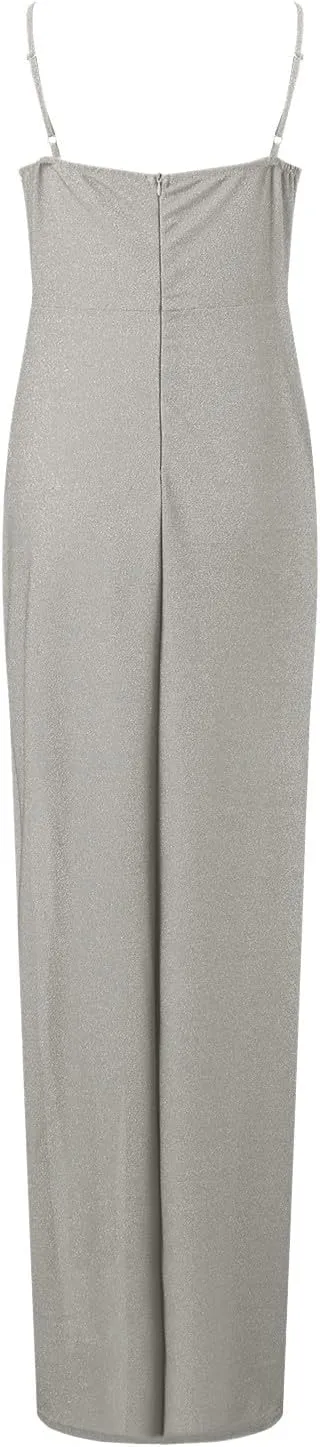 Women's 2025 Solid Color Sequin Strap Dress Spring Casual Slit Maxi Semi Formal Fit Skirts for Women Party Long Dresses