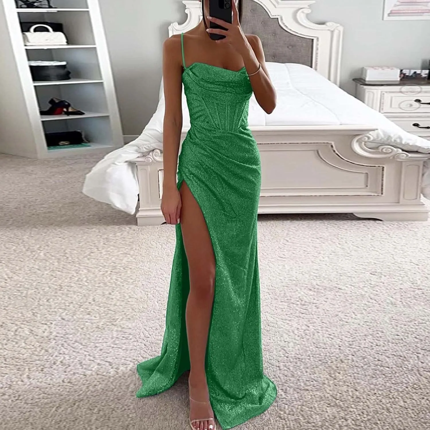 Women's 2025 Solid Color Sequin Strap Dress Spring Casual Slit Maxi Semi Formal Fit Skirts for Women Party Long Dresses