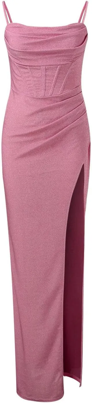 Women's 2025 Solid Color Sequin Strap Dress Spring Casual Slit Maxi Semi Formal Fit Skirts for Women Party Long Dresses