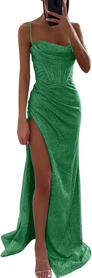 Women's 2025 Solid Color Sequin Strap Dress Spring Casual Slit Maxi Semi Formal Fit Skirts for Women Party Long Dresses