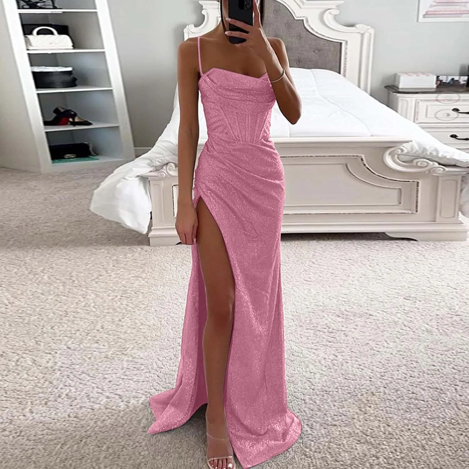 Women's 2025 Solid Color Sequin Strap Dress Spring Casual Slit Maxi Semi Formal Fit Skirts for Women Party Long Dresses