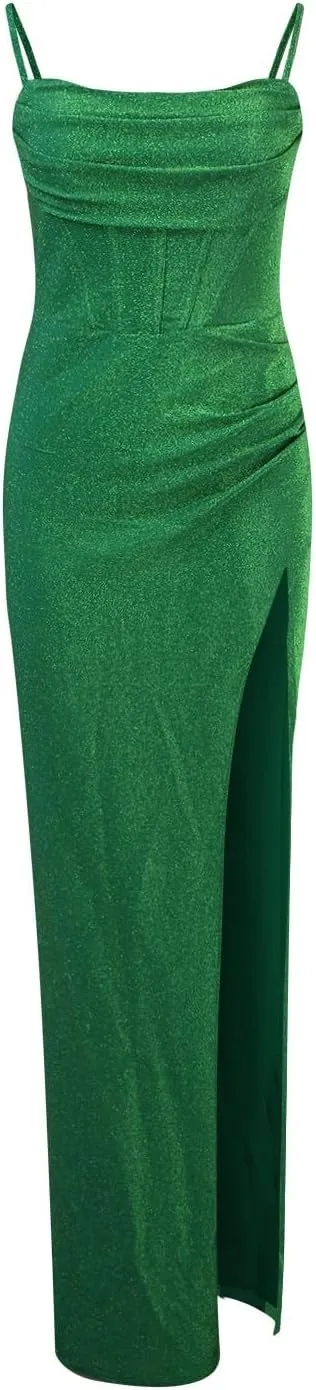 Women's 2025 Solid Color Sequin Strap Dress Spring Casual Slit Maxi Semi Formal Fit Skirts for Women Party Long Dresses