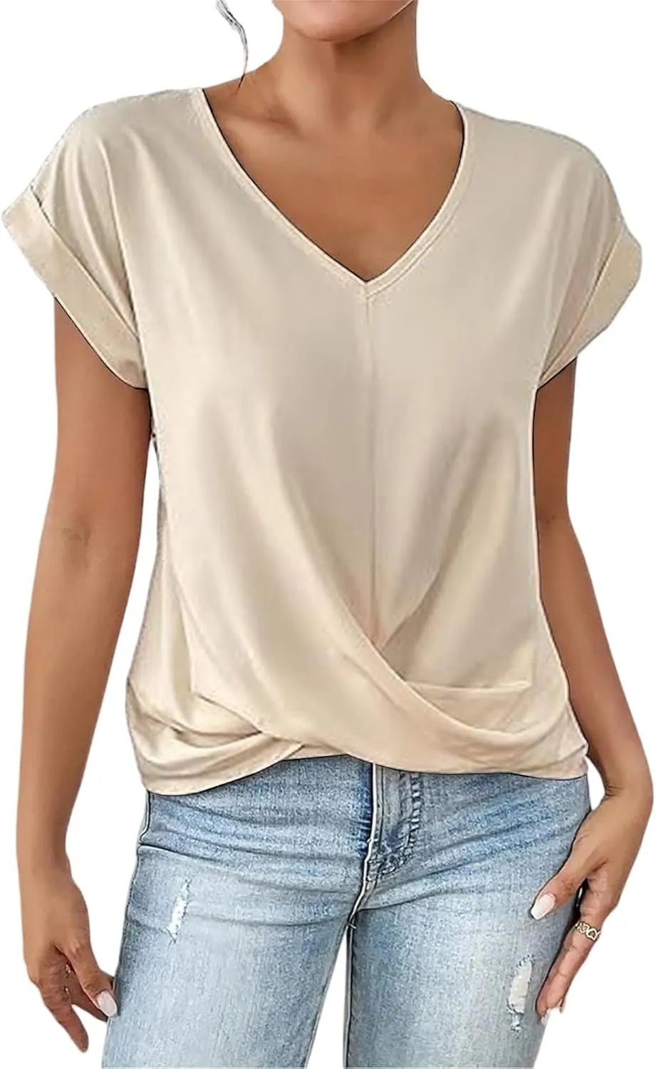 Womens 2025 Summer Tops V Neck Casual Twist Front Blouses Short Sleeve Tshirts Loose Fit Tunic Tops Basic Tee Shirts