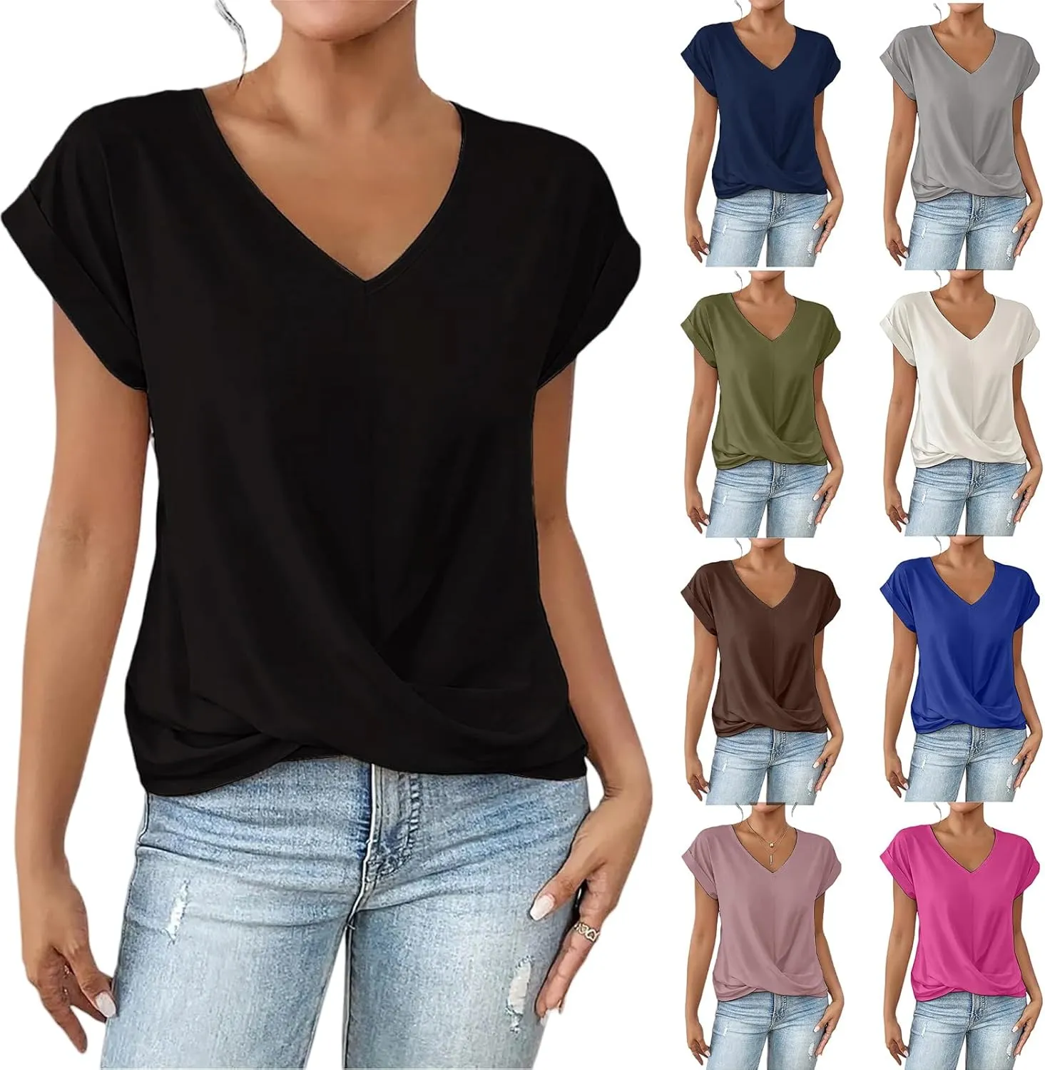 Womens 2025 Summer Tops V Neck Casual Twist Front Blouses Short Sleeve Tshirts Loose Fit Tunic Tops Basic Tee Shirts