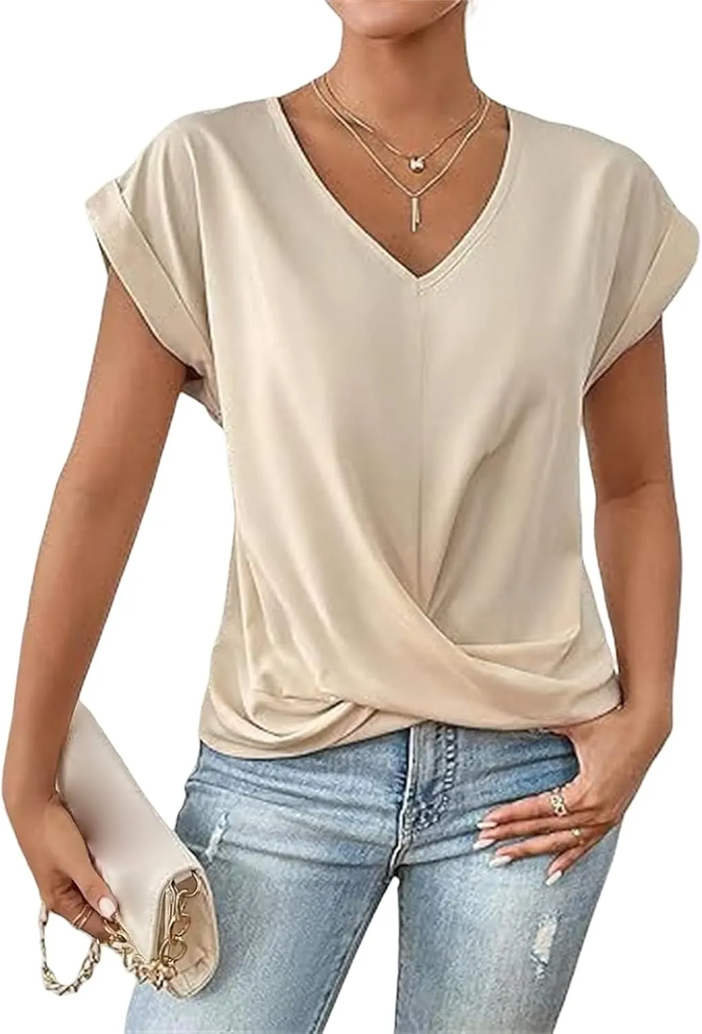 Womens 2025 Summer Tops V Neck Casual Twist Front Blouses Short Sleeve Tshirts Loose Fit Tunic Tops Basic Tee Shirts