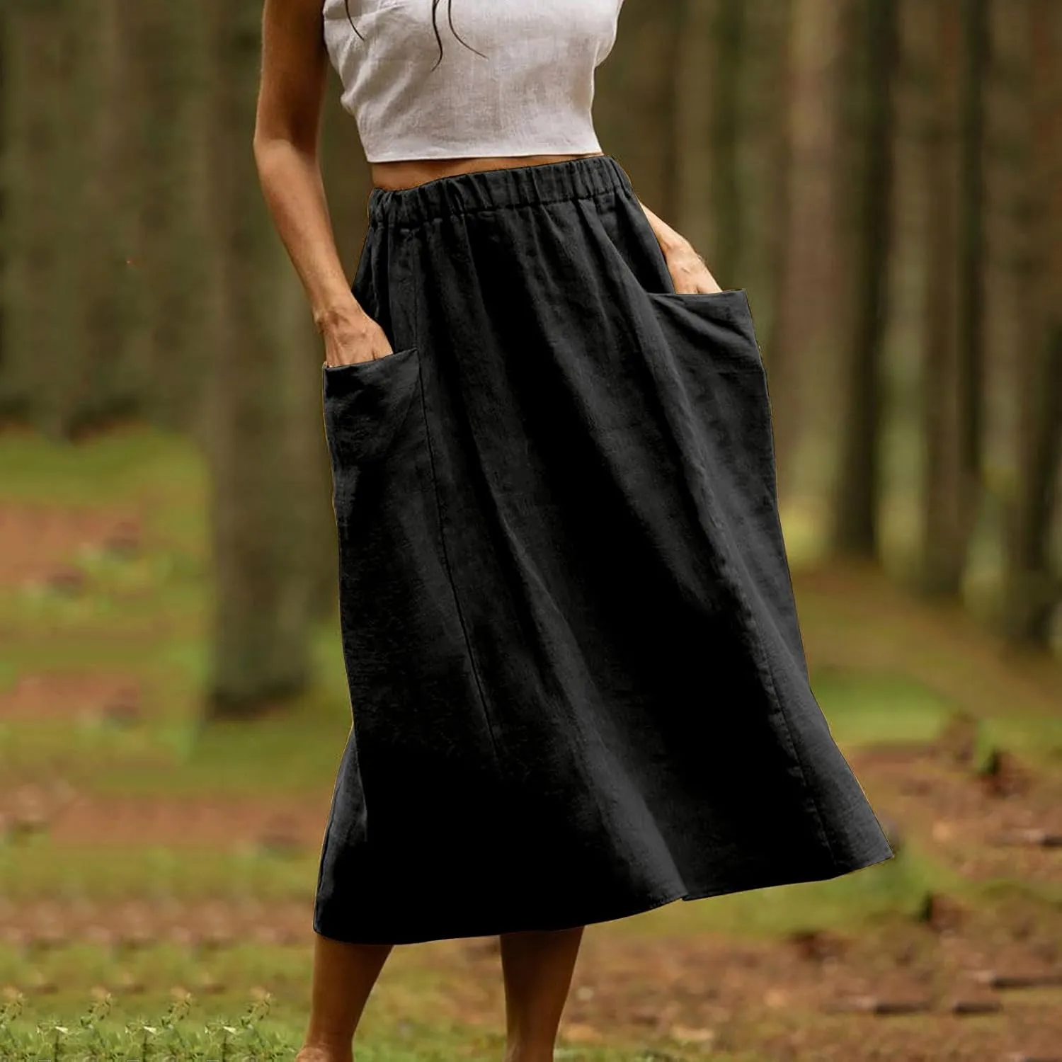 Womens Beach Skirts Summer Comfy Cotton Linen Skirts Basic Solid Color Elastic Waist A-Line Midi Skirts with Pockets