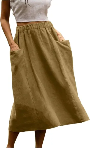 Womens Beach Skirts Summer Comfy Cotton Linen Skirts Basic Solid Color Elastic Waist A-Line Midi Skirts with Pockets