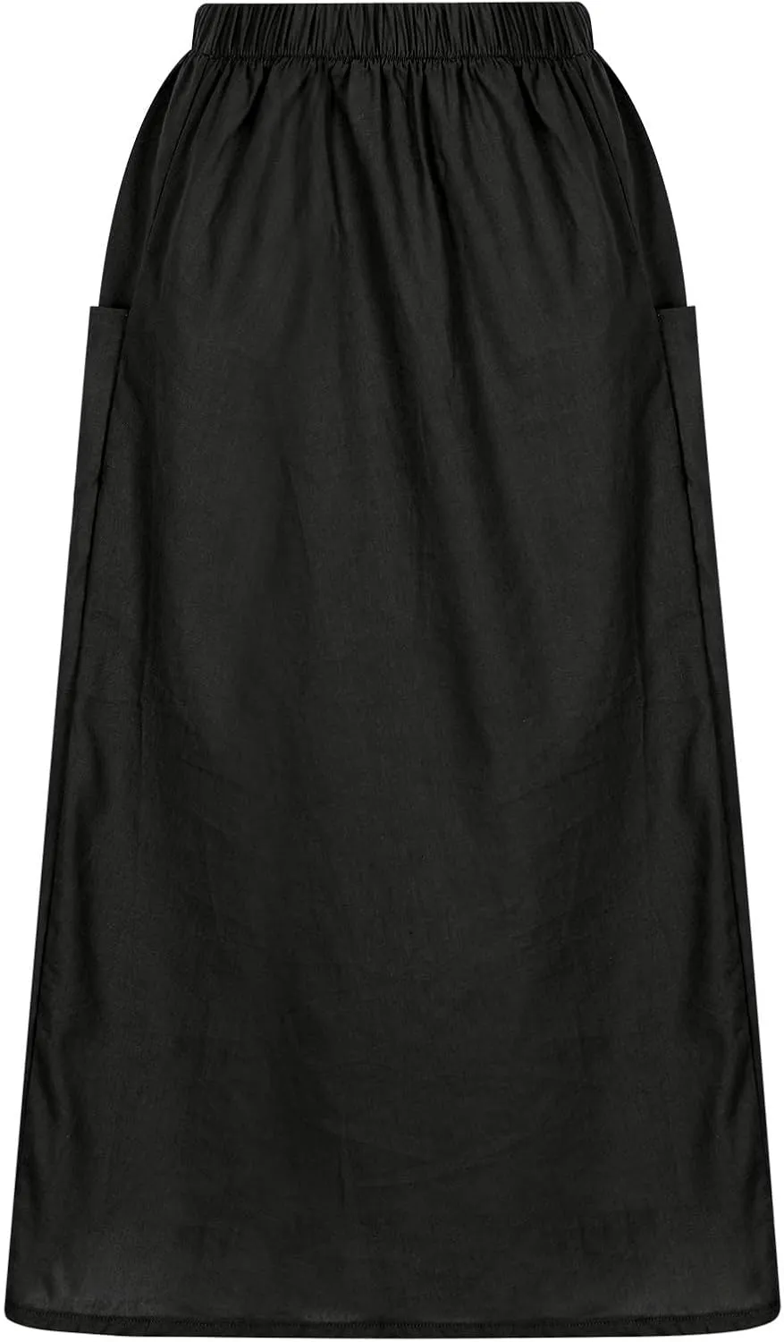 Womens Beach Skirts Summer Comfy Cotton Linen Skirts Basic Solid Color Elastic Waist A-Line Midi Skirts with Pockets