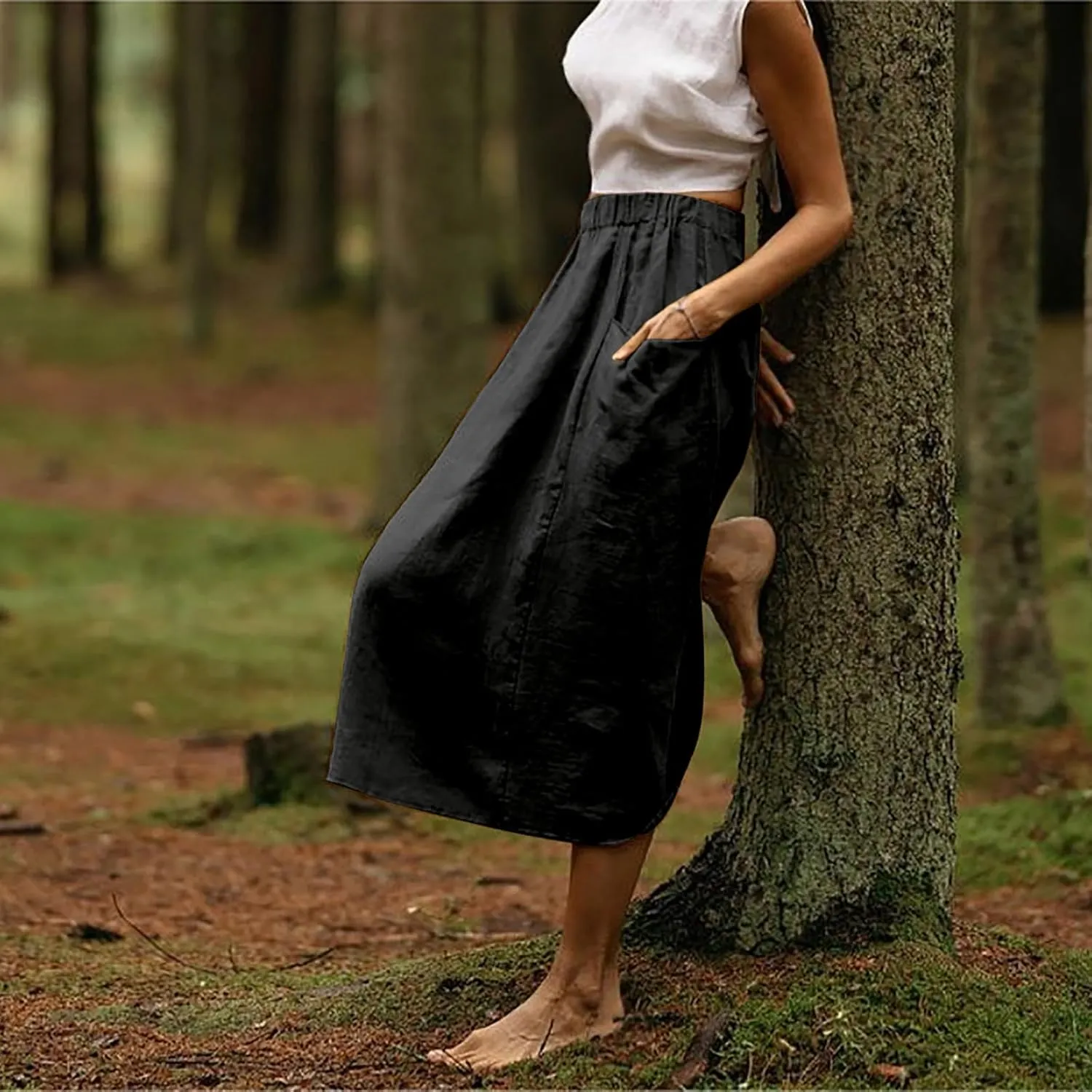 Womens Beach Skirts Summer Comfy Cotton Linen Skirts Basic Solid Color Elastic Waist A-Line Midi Skirts with Pockets