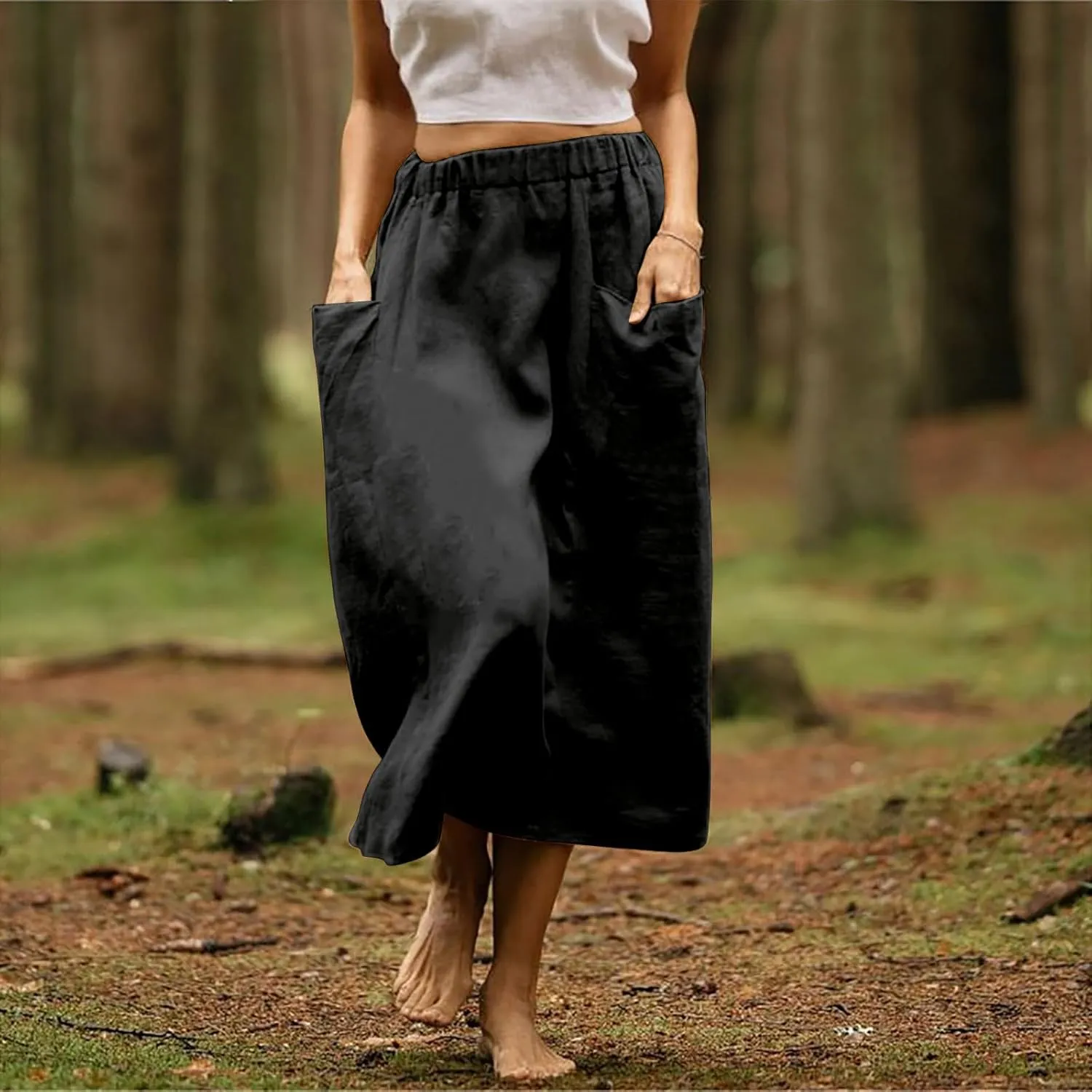 Womens Beach Skirts Summer Comfy Cotton Linen Skirts Basic Solid Color Elastic Waist A-Line Midi Skirts with Pockets