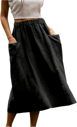 Womens Beach Skirts Summer Comfy Cotton Linen Skirts Basic Solid Color Elastic Waist A-Line Midi Skirts with Pockets