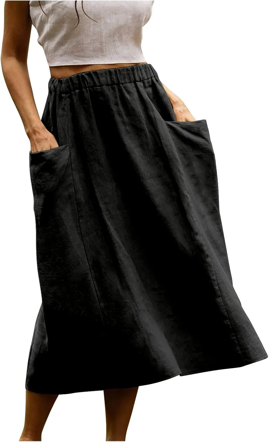 Womens Beach Skirts Summer Comfy Cotton Linen Skirts Basic Solid Color Elastic Waist A-Line Midi Skirts with Pockets