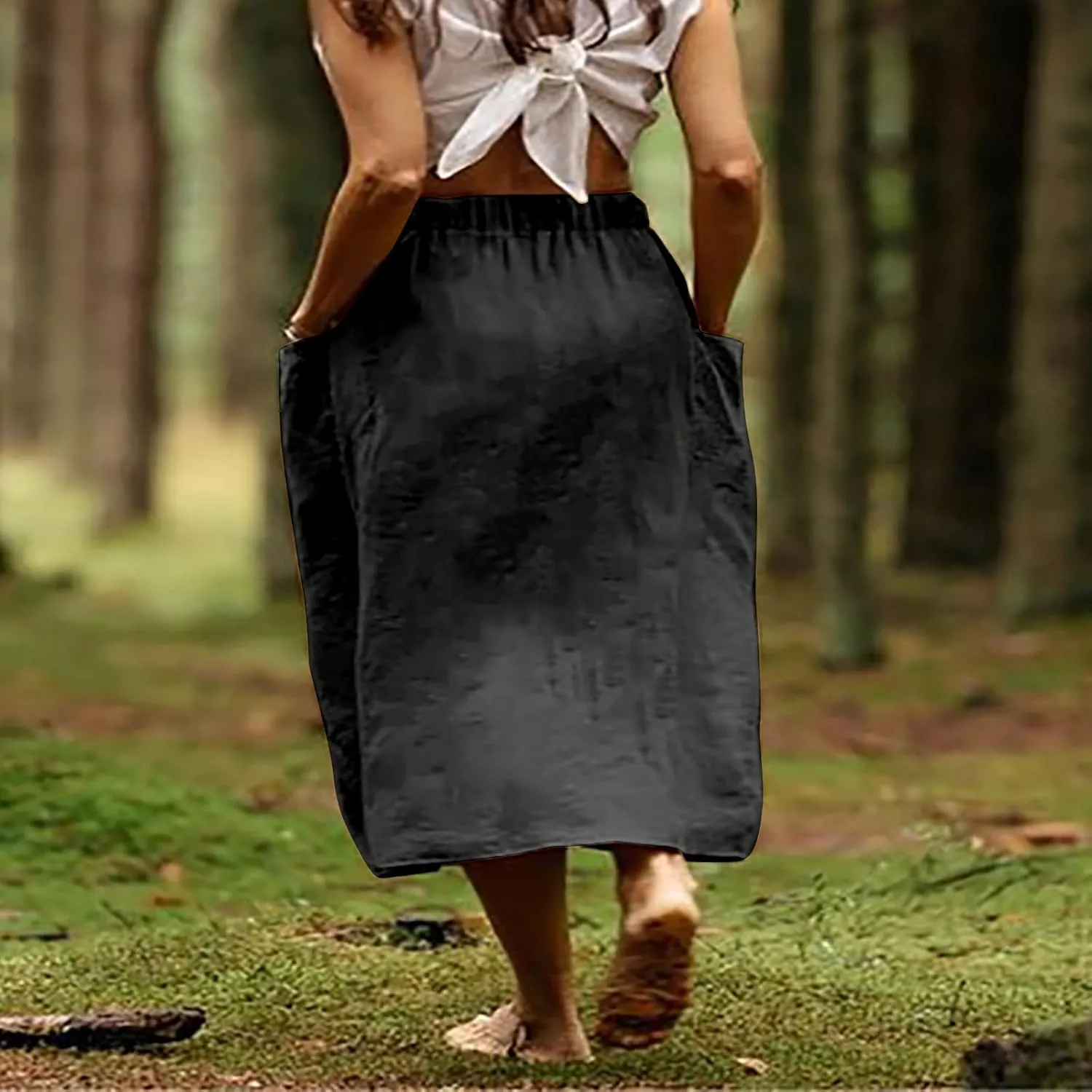 Womens Beach Skirts Summer Comfy Cotton Linen Skirts Basic Solid Color Elastic Waist A-Line Midi Skirts with Pockets
