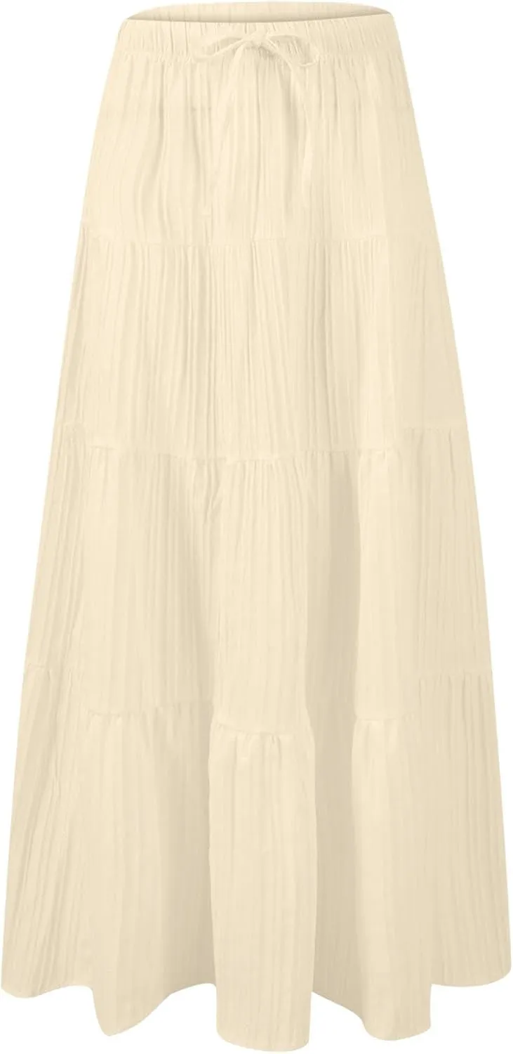 Women's Beach Vacation Skirts Summer Flowy Ruffle Boho Pleated Drawstring Maxi Skirt Casual Fashion Flowy Skirts