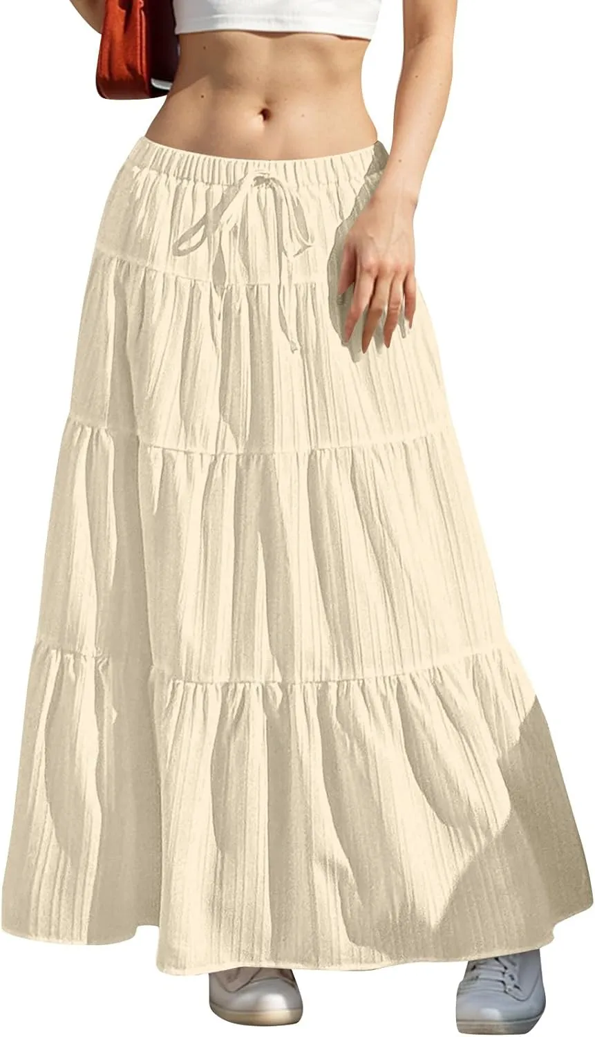Women's Beach Vacation Skirts Summer Flowy Ruffle Boho Pleated Drawstring Maxi Skirt Casual Fashion Flowy Skirts