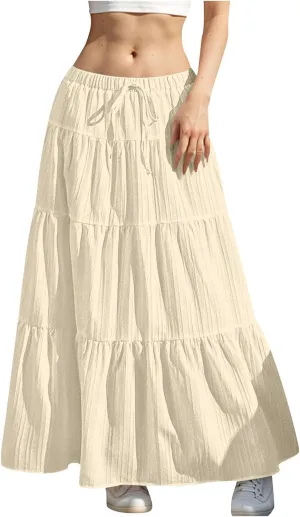 Women's Beach Vacation Skirts Summer Flowy Ruffle Boho Pleated Drawstring Maxi Skirt Casual Fashion Flowy Skirts
