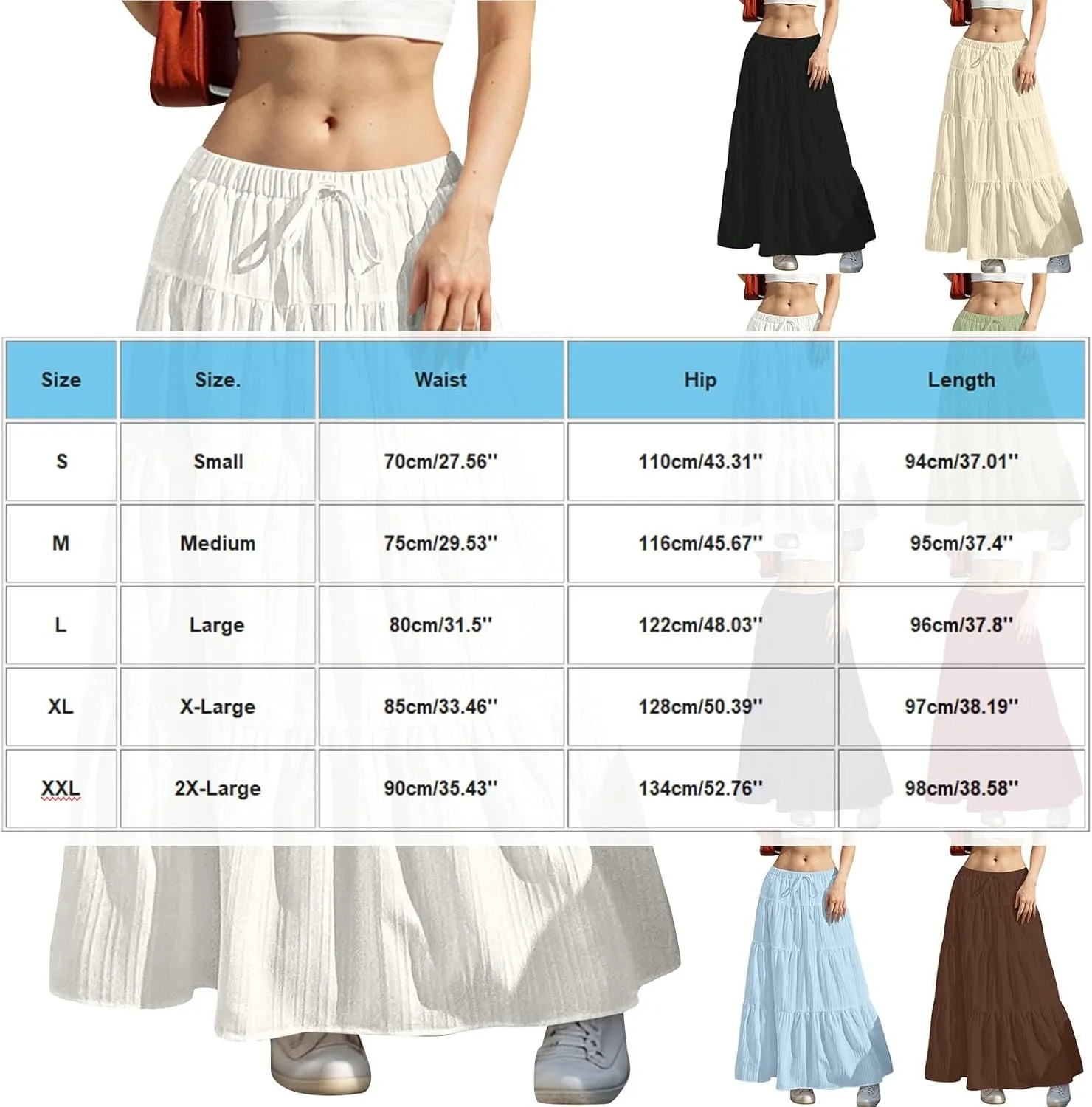 Women's Beach Vacation Skirts Summer Flowy Ruffle Boho Pleated Drawstring Maxi Skirt Casual Fashion Flowy Skirts