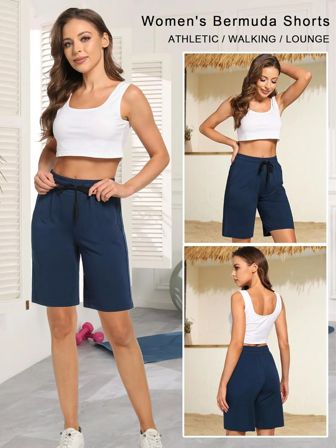 Women's Bermuda Shorts with Pockets Athletic Running Drawstring Lounge Shorts