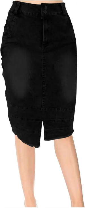 Women's Bodycon Jean Skirt Front Split Frayed Washed Midi Denim Pencil Skirt Destroyed Distressed Denim Skirts