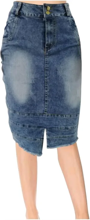 Women's Bodycon Jean Skirt Front Split Frayed Washed Midi Denim Pencil Skirt Destroyed Distressed Denim Skirts