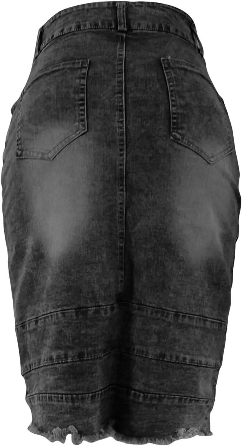 Women's Bodycon Jean Skirt Front Split Frayed Washed Midi Denim Pencil Skirt Destroyed Distressed Denim Skirts
