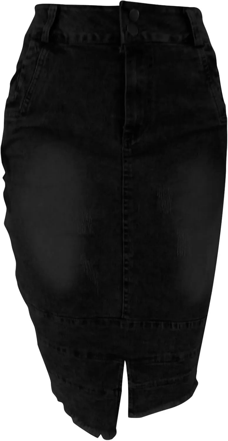 Women's Bodycon Jean Skirt Front Split Frayed Washed Midi Denim Pencil Skirt Destroyed Distressed Denim Skirts