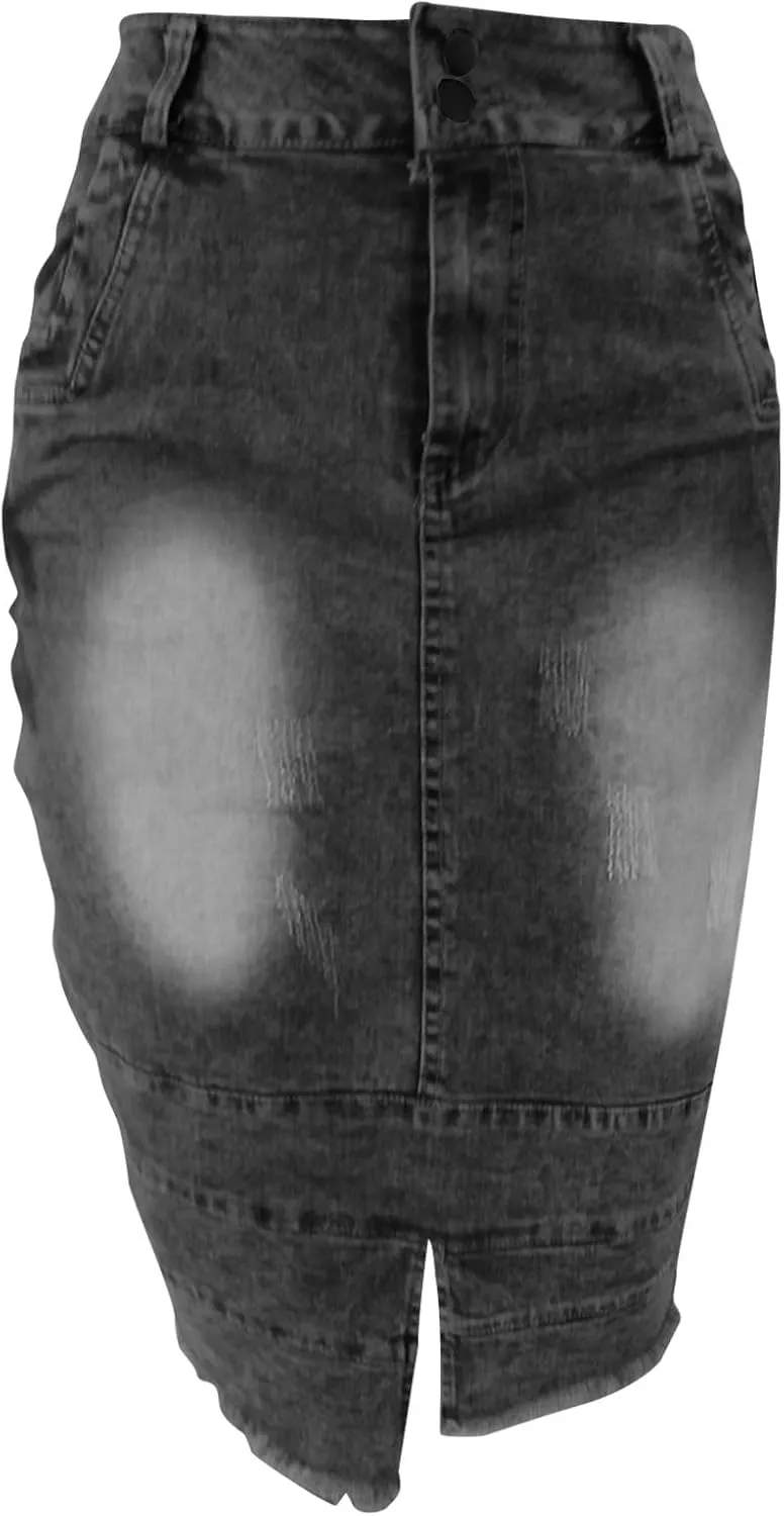 Women's Bodycon Jean Skirt Front Split Frayed Washed Midi Denim Pencil Skirt Destroyed Distressed Denim Skirts