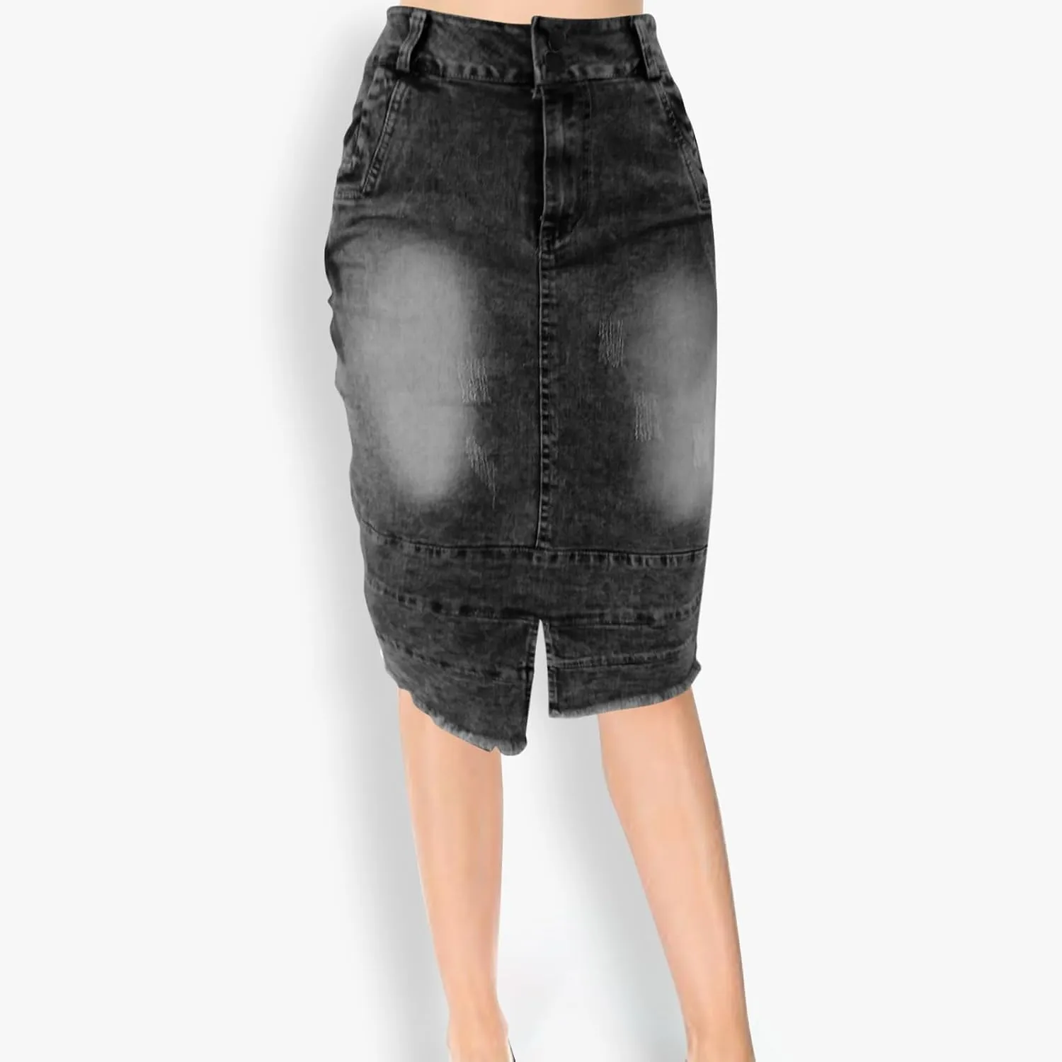 Women's Bodycon Jean Skirt Front Split Frayed Washed Midi Denim Pencil Skirt Destroyed Distressed Denim Skirts