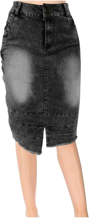 Women's Bodycon Jean Skirt Front Split Frayed Washed Midi Denim Pencil Skirt Destroyed Distressed Denim Skirts