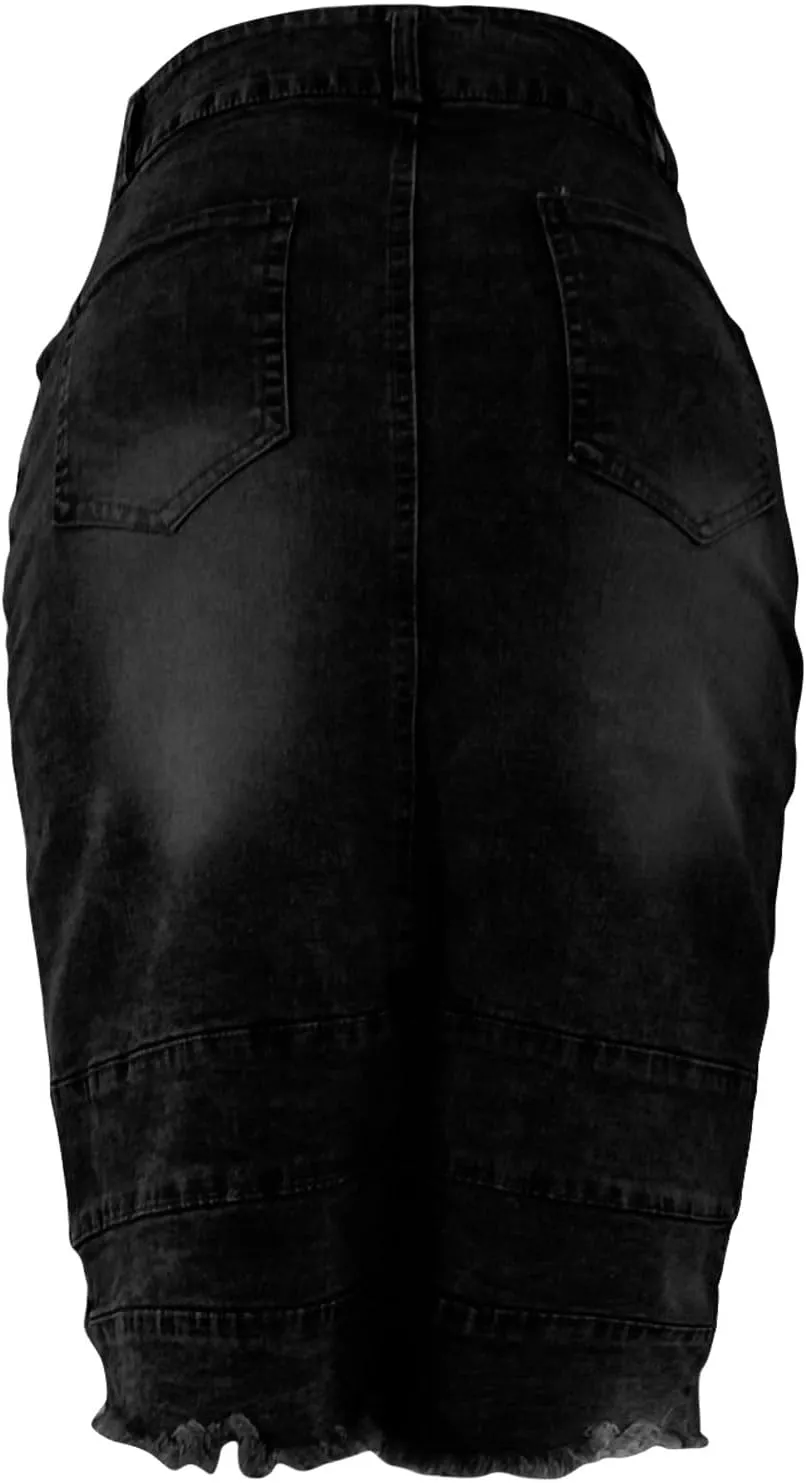 Women's Bodycon Jean Skirt Front Split Frayed Washed Midi Denim Pencil Skirt Destroyed Distressed Denim Skirts