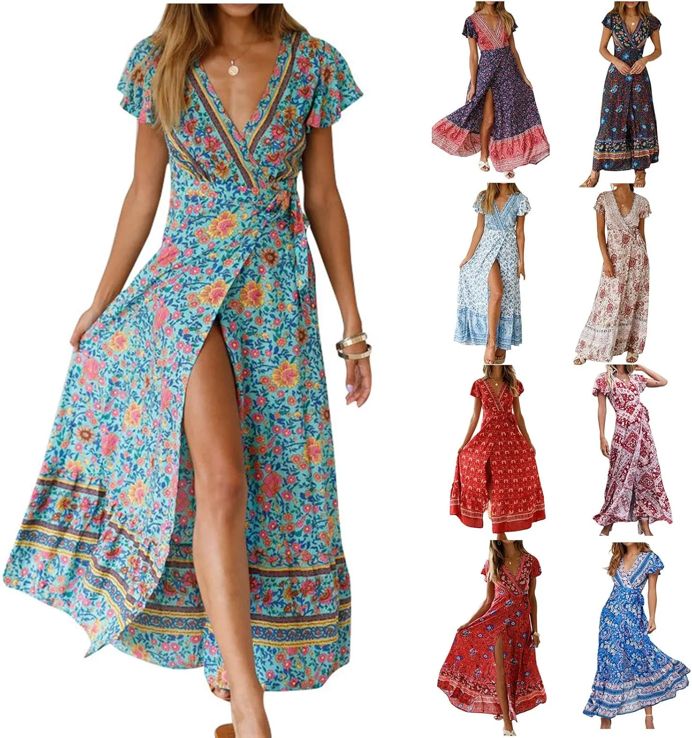 Women's Bohemian Dresses Short Sleeve Wrap V Neck Dress Summer Floral Print Dress Split Beach Party Maxi Dress