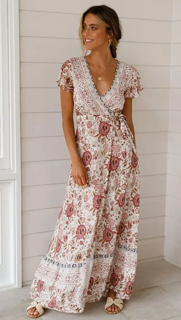 Women's Bohemian Dresses Short Sleeve Wrap V Neck Dress Summer Floral Print Dress Split Beach Party Maxi Dress