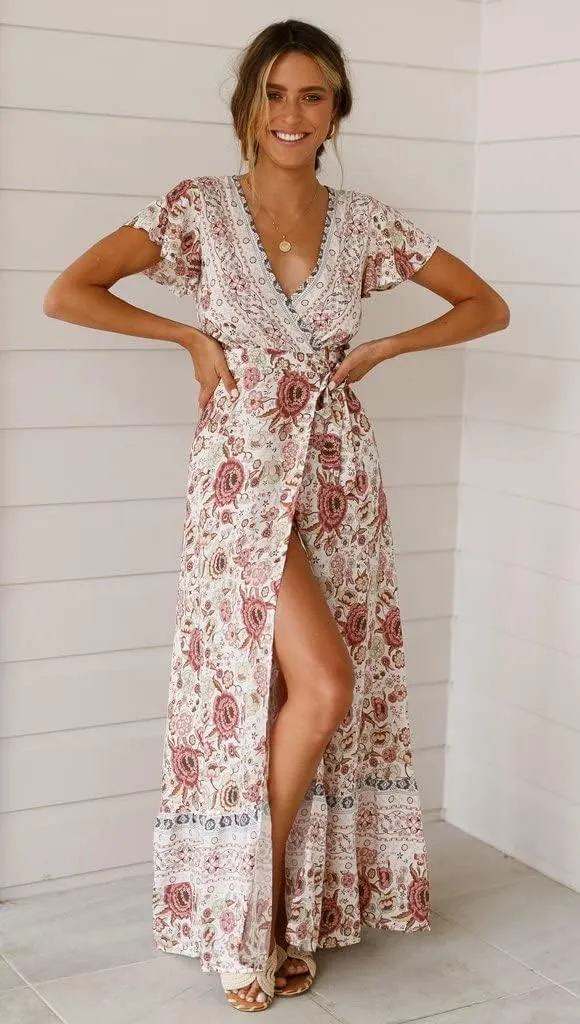 Women's Bohemian Dresses Short Sleeve Wrap V Neck Dress Summer Floral Print Dress Split Beach Party Maxi Dress