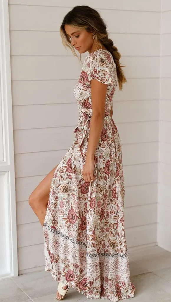 Women's Bohemian Dresses Short Sleeve Wrap V Neck Dress Summer Floral Print Dress Split Beach Party Maxi Dress