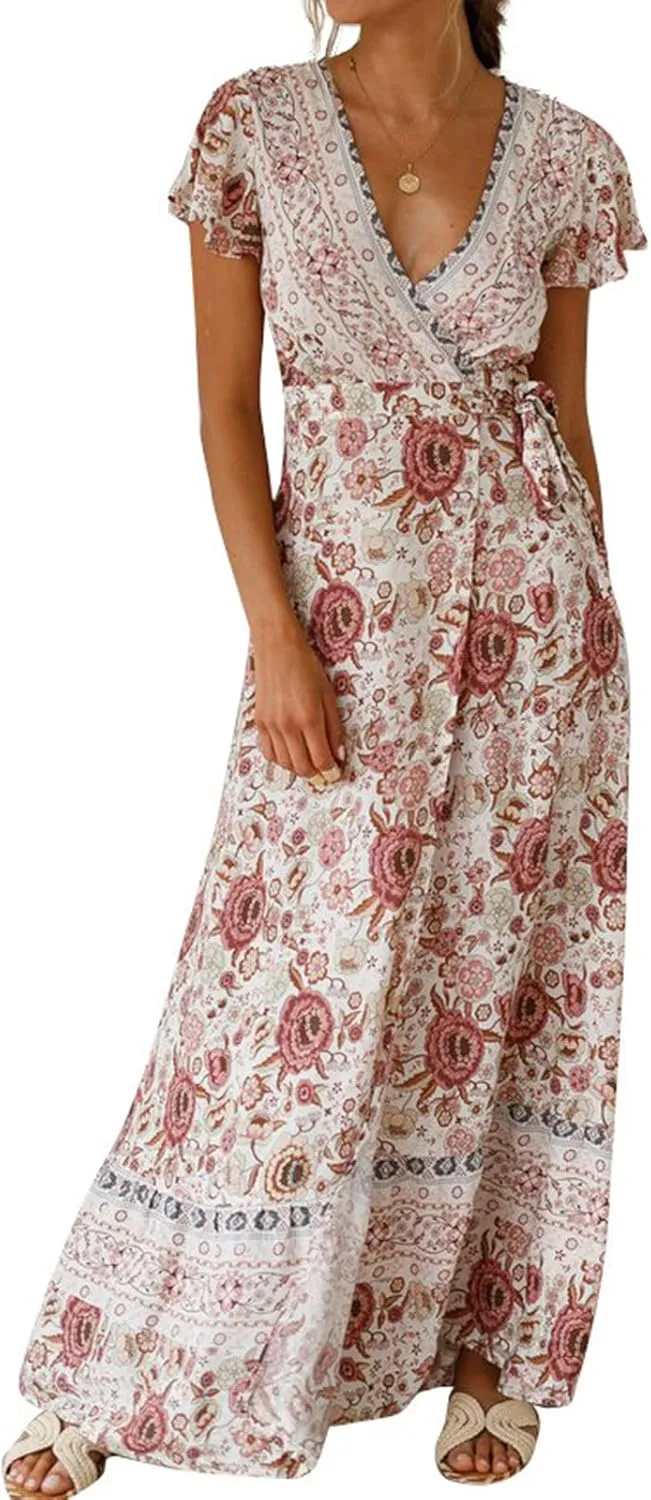 Women's Bohemian Dresses Short Sleeve Wrap V Neck Dress Summer Floral Print Dress Split Beach Party Maxi Dress